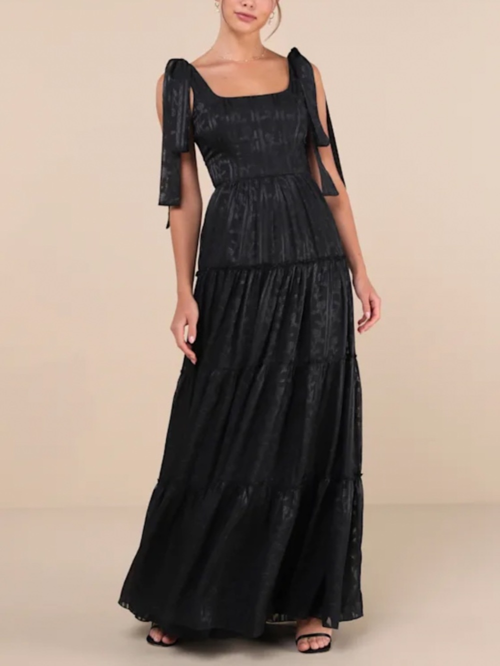 Black tiered jacquard maxi dress